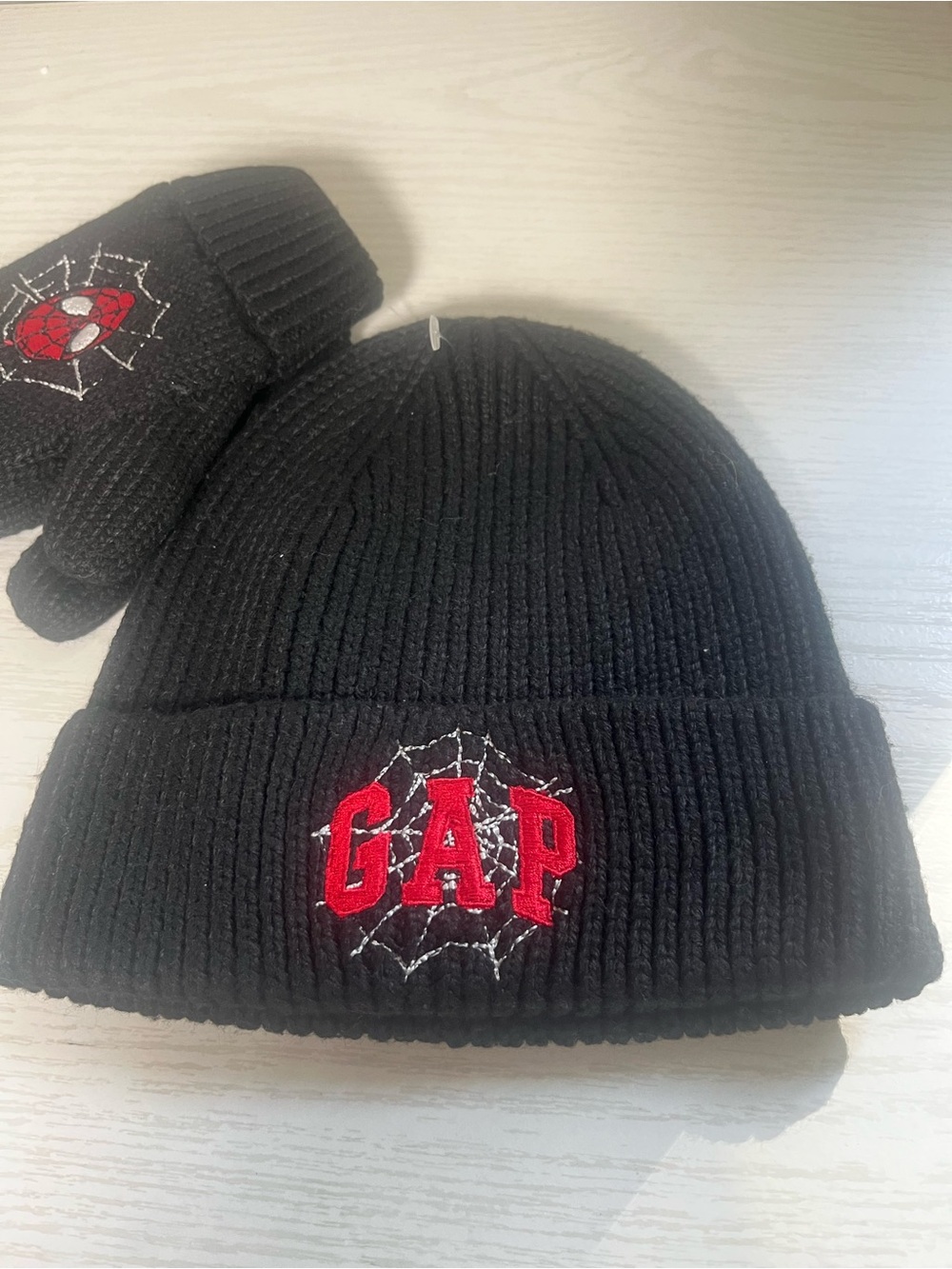 GAP Black Knit Beanie with Red Logo and Spiderweb Detail
